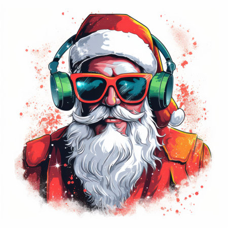 Cool Santa Claus with sunglasses listening music in headphones. Hip 1980s graffiti art. T-shirt design graphic.の素材