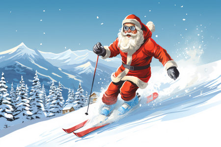 Jovial Santa Claus skiing a snowy hill. Retro style. T-shirt design graphic.の素材