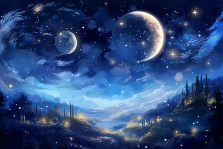Painting winter night scene with trees, stars and moon. Fantasy landscape. Snowy forest with stars.の素材