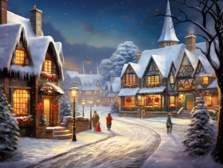 Magical Christmas night scene. Winter village landscape. Christmas holidays background.の素材
