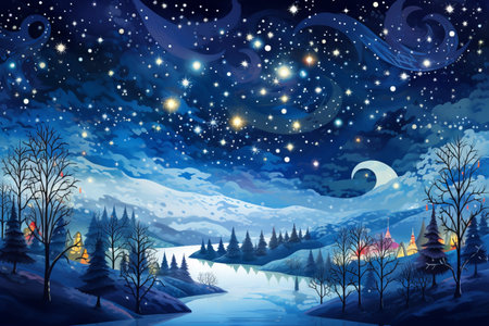 Painting winter night scene with trees, stars and moon. Fantasy landscape. Snowy forest with stars.の素材