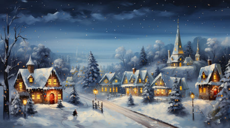 Magical Christmas night scene. Winter village landscape. Christmas holidays background.の素材