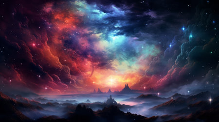 Colorful Universe. Space Galaxy Background. Starry Cosmic Night. Clouds Wallpaper.の素材