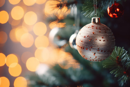 Christmas decoration on christmas tree with bokeh lights on backgroundの素材