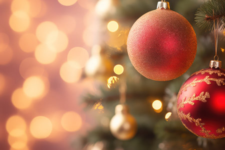 Christmas tree with red baubles on bokeh background.の素材