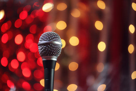 Microphone on stage with colorful bokeh background, close upの素材