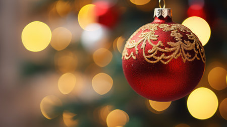 Red Christmas ball on bokeh background, Merry Christmas and Happy New Yearの素材