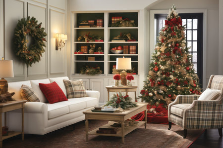 Living room interior with Christmas tree and decorations. 3d render.の素材