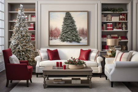Christmas living room interior with Christmas tree and fireplace. 3d renderの素材
