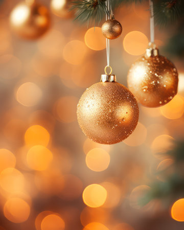 Christmas and New Year background with golden balls and bokeh lightsの素材