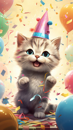 Cute kitten celebrating birthday party with colorful balloons and confetti.の素材
