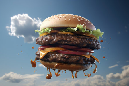 Hamburger with flying ingredients on sky background. 3d renderingの素材