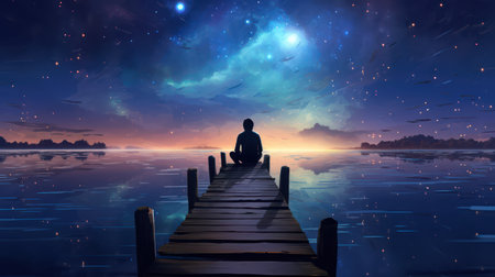 Man meditating on a wooden bridge over the sea. 3D renderingの素材