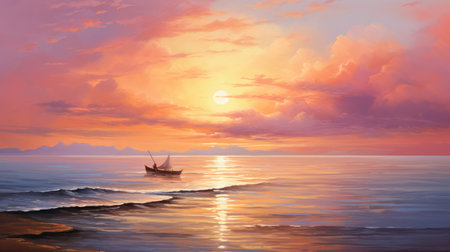 Sailing boat on the sea at sunset. 3d render illustrationの素材