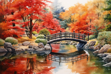 Autumn garden with pond and bridge. Watercolor painting.の素材