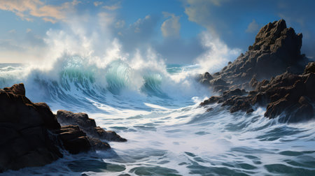 3D illustration of a stormy ocean with waves breaking on rocksの素材