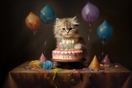 Cute kitten with birthday cake and balloons on a dark background.の素材