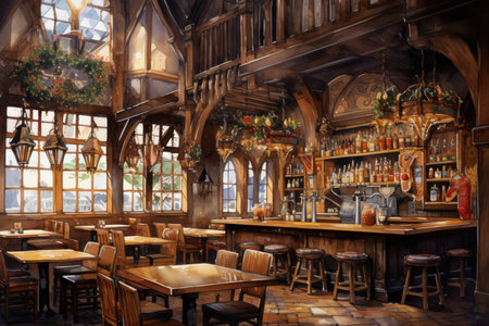 Interior of a pub with wooden tables and chairs. Digital painting.の素材