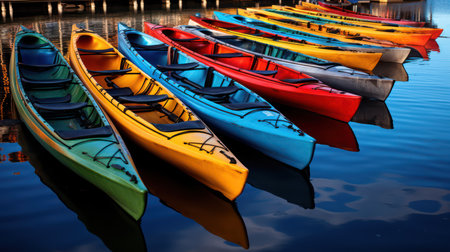 Colorful kayaks on the lake in the evening. Selective focus.の素材