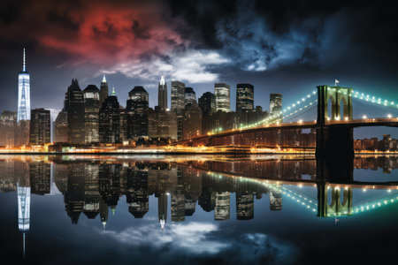 Night scene of modern city with skyscrapers, reflection in waterの素材