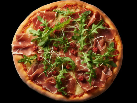 Italian pizza with prosciutto and arugula on a black backgroundの素材