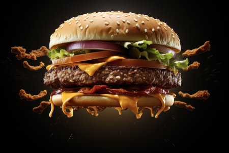 Hamburger with flying ingredients on a black background. 3d renderingの素材