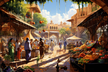 ancient oriental market with many people. digital painting.の素材