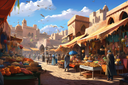 ancient oriental market with many people. digital painting.の素材