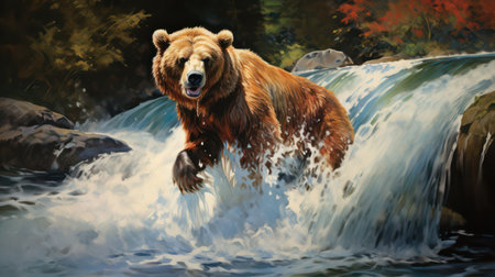 Brown bear swimming in the river. Digital painting of a wild animal.の素材