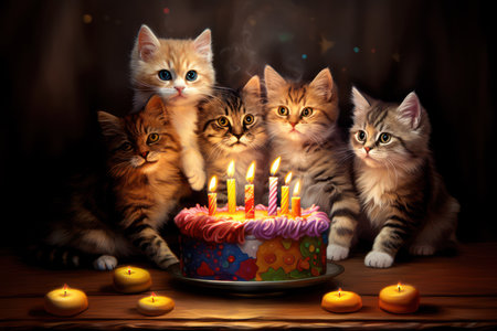 Group of kittens with birthday cake and burning candles on wooden table.の素材