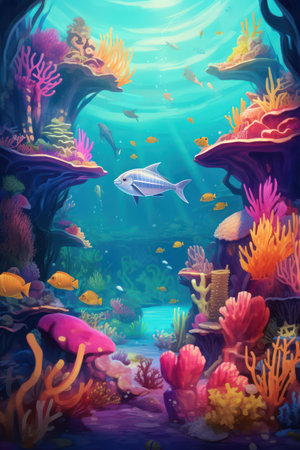 Underwater scene with colorful corals and tropical fish. 3d renderingの素材