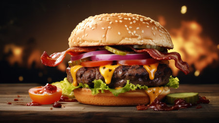 Cheese burger - American cheese burger with bacon, onion and tomatoの素材