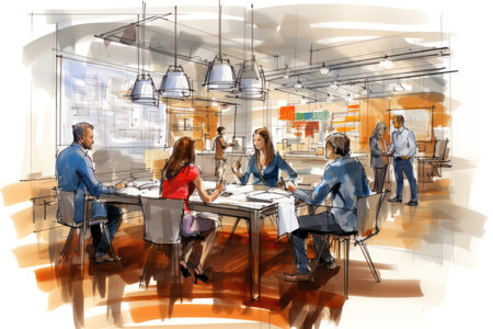 Digital painting of a business meeting in a modern office with people aroundの素材