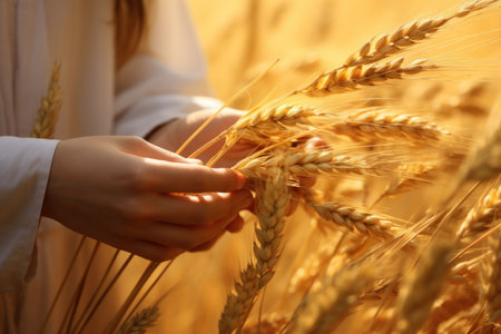 Young woman with spikelets of wheat in field on sunny day, closeupの素材