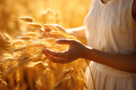 Young woman in wheat field on sunny day, closeup of handsの素材