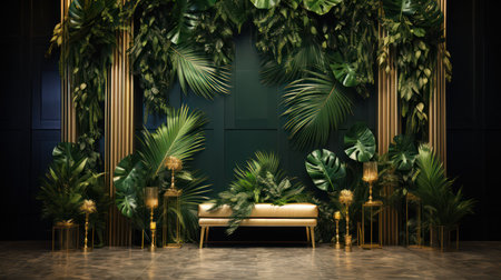 3d render of luxury sofa with tropical plants in green room.の素材