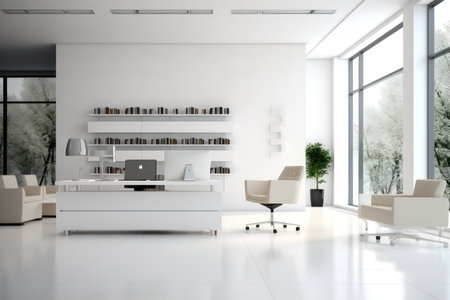 Side view of a modern office with white walls, tiled floor, white computer tables and armchairs. 3d rendering mock upの素材