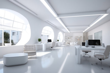 Modern office interior with white walls, a concrete floor, rows of white computer tables with white chairs and a round coffee table. 3d rendering mock upの素材