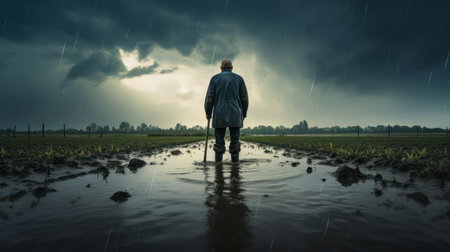 Man in raincoat standing in paddy field and looking at the rain.の素材