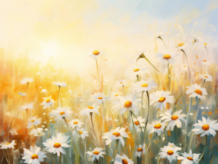 Field of daisies on a sunny day. Digital painting.の素材