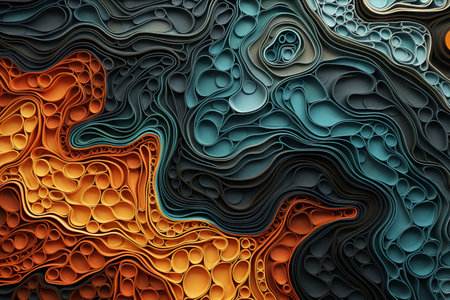 Fluid 3d background. Colored modern canvas with swirls orange and turquoise colors.の素材