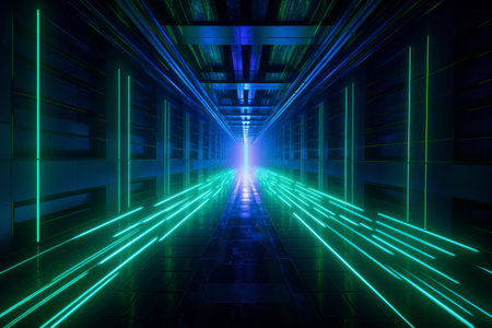 Green neon tunnel with colored light streaks. Modern futuristic background.の素材