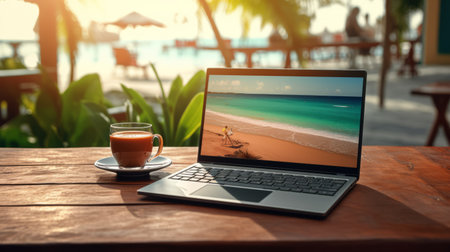 Laptop computer at beach. Laptop and a cup of coffee sea view background. Realistic landscapes, modern design.の素材
