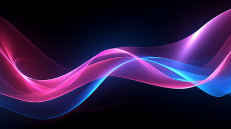 Pink and blue lines on a dark background. Gradient flowing wave lines. Futuristic poster template.の素材