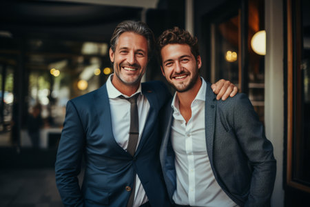 Two business people standing with each other in an office in business suit. Joyful and optimistic.の素材
