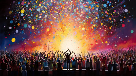 Concert people background. Concert poster. Crowd in a musical performance. Colorful lights, confetti.の素材