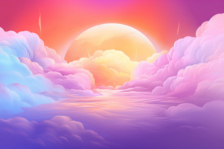 Neon moon, clouds photorealistic surrealism wallpaper. Circular shapes, seascapes, light orange and dark magenta, water.の素材