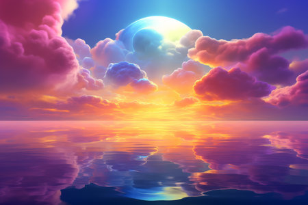 Neon moon, clouds photorealistic surrealism wallpaper. Circular shapes, seascapes, light orange and dark magenta, water.の素材