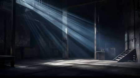 Empty building hangar with the door cracked open with room for text or copy space. Photo realistic 3d interior renderの素材