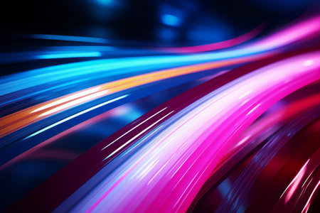 Pink and blue lines on a dark background. Gradient flowing wave lines. Futuristic poster template.の素材